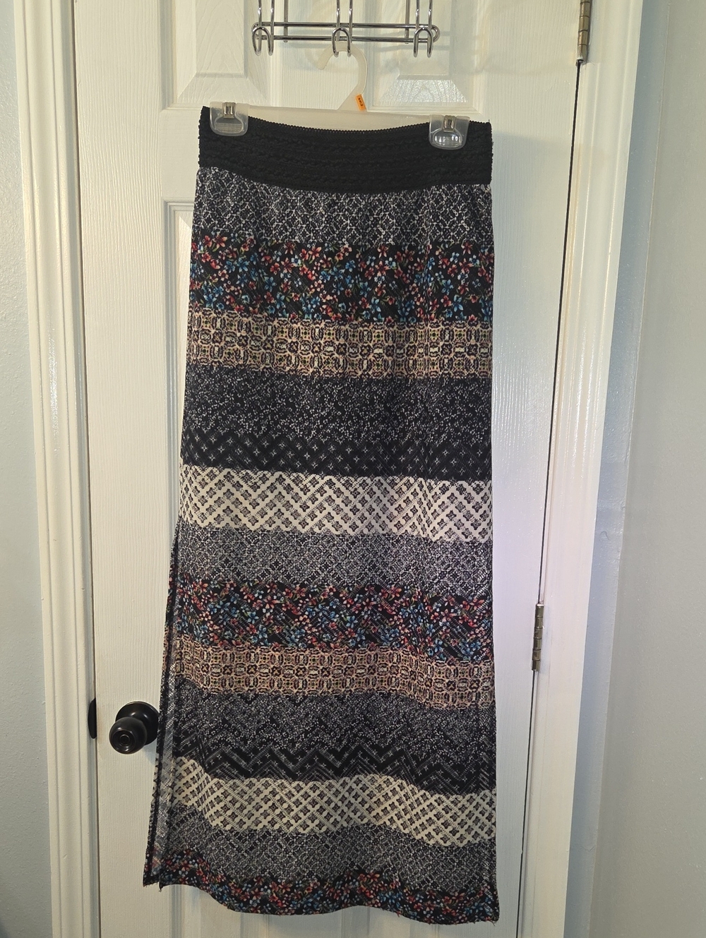 Joe B Black Maxi Skirt with Blue, Red and Tan Patterned Stripes